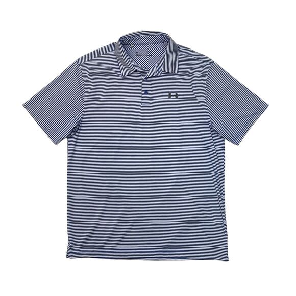 Under Armour Polo Shirt Mens L Large Blue Striped HeatGear Loose 3-Button Golf - Picture 1 of 9